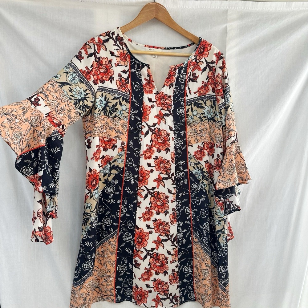 EST. 1946 Medium Red Floral Print Boho Bell Sleeve‎ Shift Dress Bohemian Lined